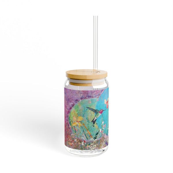 Sipper Glass, Hummingbird exploring flowers, 16oz