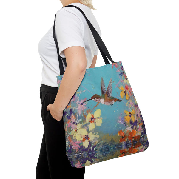 Floral Hummingbird Tote Bag: Happy Hummer, Eco-Friendly Shopper, Beach Bag, Gift for Her, Nature Lover, Summer Essentials