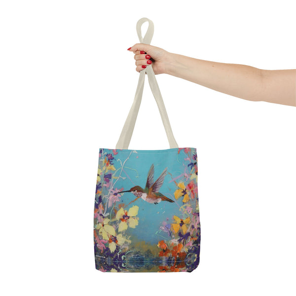 Floral Hummingbird Tote Bag: Happy Hummer, Eco-Friendly Shopper, Beach Bag, Gift for Her, Nature Lover, Summer Essentials