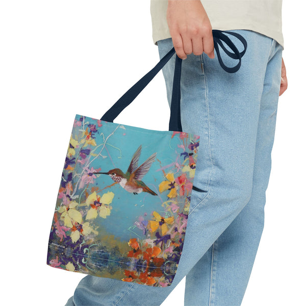 Floral Hummingbird Tote Bag: Happy Hummer, Eco-Friendly Shopper, Beach Bag, Gift for Her, Nature Lover, Summer Essentials