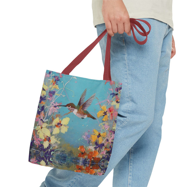 Floral Hummingbird Tote Bag: Happy Hummer, Eco-Friendly Shopper, Beach Bag, Gift for Her, Nature Lover, Summer Essentials