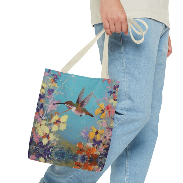 Floral Hummingbird Tote Bag: Happy Hummer, Eco-Friendly Shopper, Beach Bag, Gift for Her, Nature Lover, Summer Essentials