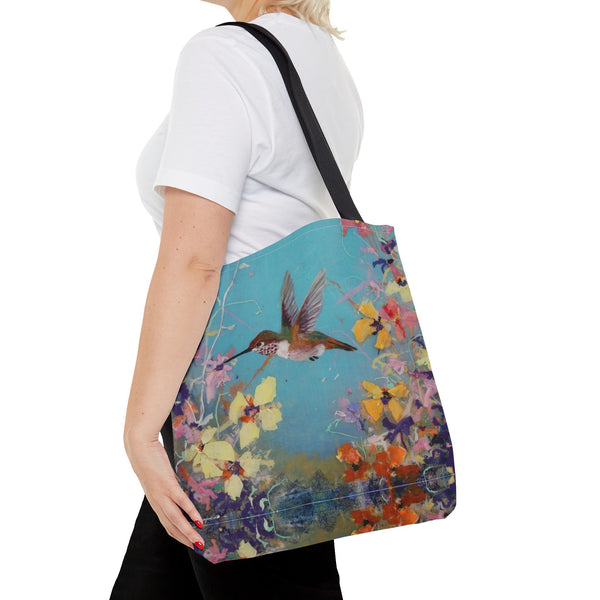 Floral Hummingbird Tote Bag: Happy Hummer, Eco-Friendly Shopper, Beach Bag, Gift for Her, Nature Lover, Summer Essentials