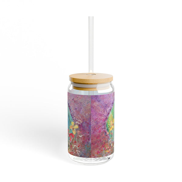 Sipper Glass, Hummingbird exploring flowers, 16oz