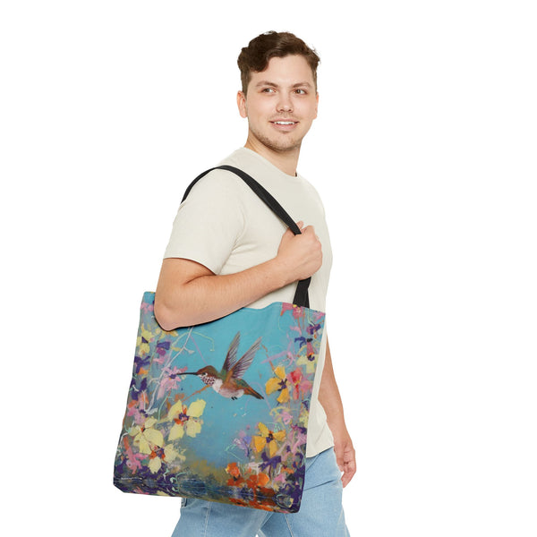 Floral Hummingbird Tote Bag: Happy Hummer, Eco-Friendly Shopper, Beach Bag, Gift for Her, Nature Lover, Summer Essentials