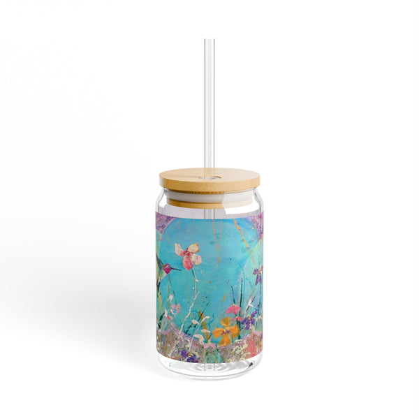 Sipper Glass, Hummingbird exploring flowers, 16oz