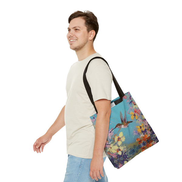 Floral Hummingbird Tote Bag: Happy Hummer, Eco-Friendly Shopper, Beach Bag, Gift for Her, Nature Lover, Summer Essentials