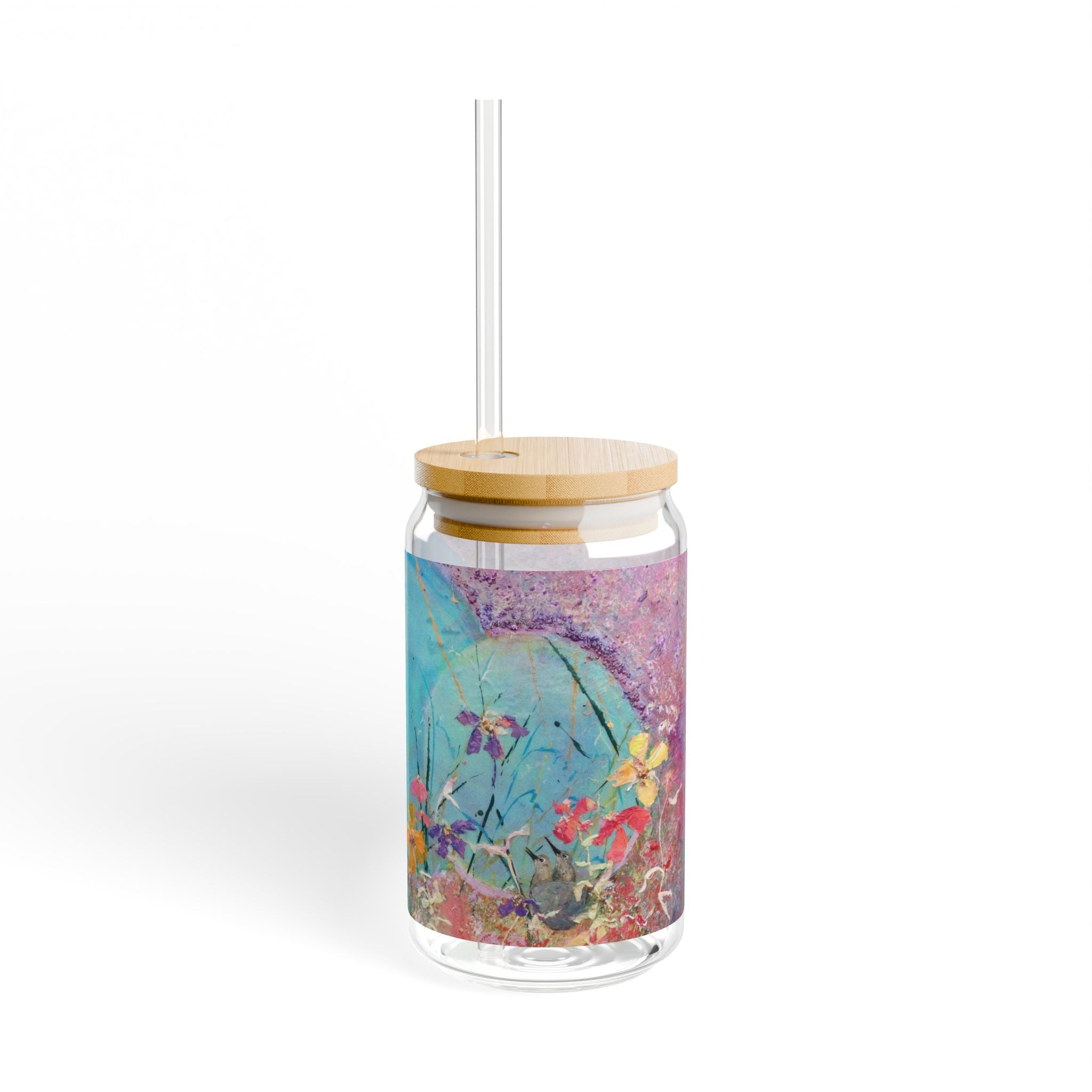 Sipper Glass, Hummingbird exploring flowers, 16oz