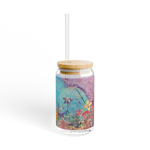 Sipper Glass, Hummingbird exploring flowers, 16oz