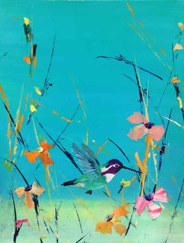 blue Sky Costa Hummingbird, original painting 11"x 14"